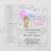 Baby Dusche Mädchen rosa Teddybär silber Einladungspostkarte (Vorne/Hinten)