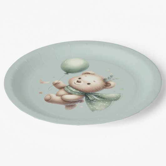 Baby-Dusche mit grünem Bear Pappteller (Schrägansicht)