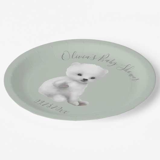 Baby-Dusche mit grünem Polar Pappteller (Schrägansicht)