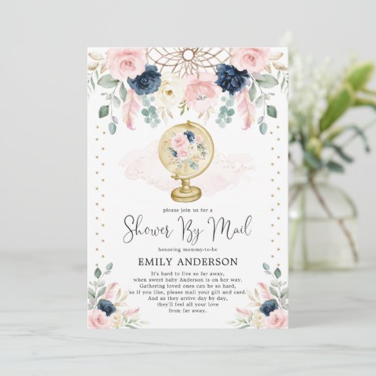 Baby-Dusche mit Mail Pink Blush Navy Bloral Einladung (Stehend Vorderseite)