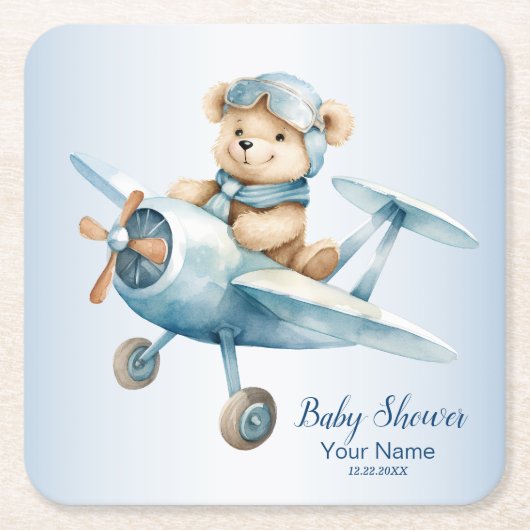 Baby Dusche Niedlich Baby Bear Pilot Blue Airplane Rechteckiger Pappuntersetzer (Vorderseite)
