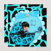 Baby Dusche Niedlich Baby Boy Blue Leopard Pram Einladung (Vorne/Hinten)