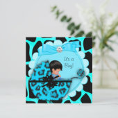 Baby Dusche Niedlich Baby Boy Blue Leopard Pram Einladung (Stehend Vorderseite)