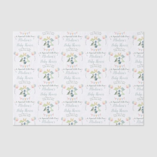 Baby Dusche Niedlich Dinosaur Mama Name Blau Seidenpapier (Vorderseite)