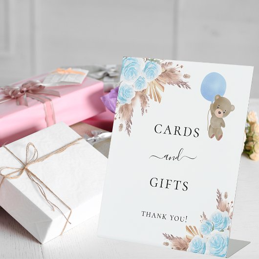 Baby Dusche Pampas Gras blaue Teddy Karten Geschen Sockelschild