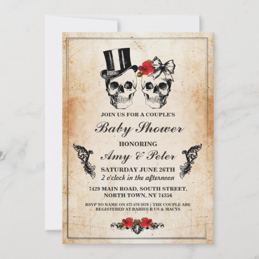 Baby Dusche Party Rose Skull Party Paare Einladung (Vorderseite)