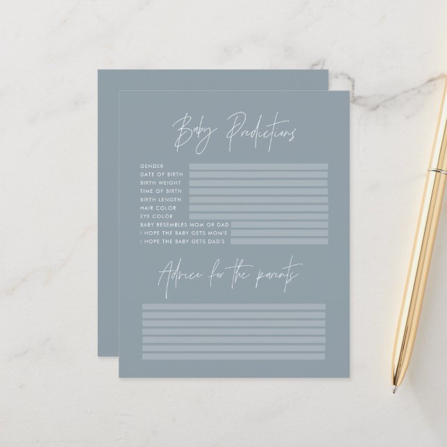 Baby Dusche Party Vorhersagen Spiel staubblau (Vorderseite/Rückseite Beispiel)