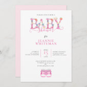 BABY DUSCHE, PINK-HINTERN, PINK FLORAL EINLADUNG (Vorne/Hinten)