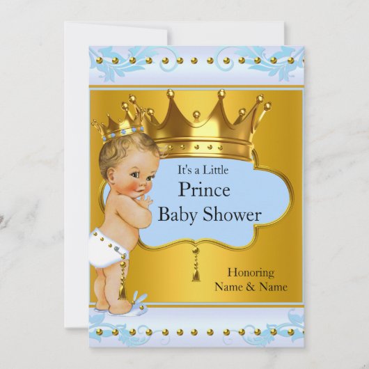 Baby Dusche Prince Boy Blue Gold Crown Blonde Einladung (Vorderseite)