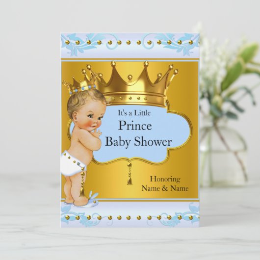Baby Dusche Prince Boy Blue Gold Crown Blonde Einladung (Stehend Vorderseite)