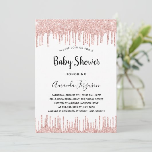 Baby Dusche Rosa Glitzer Tropfen Mädchen Einladung (Stehend Vorderseite)