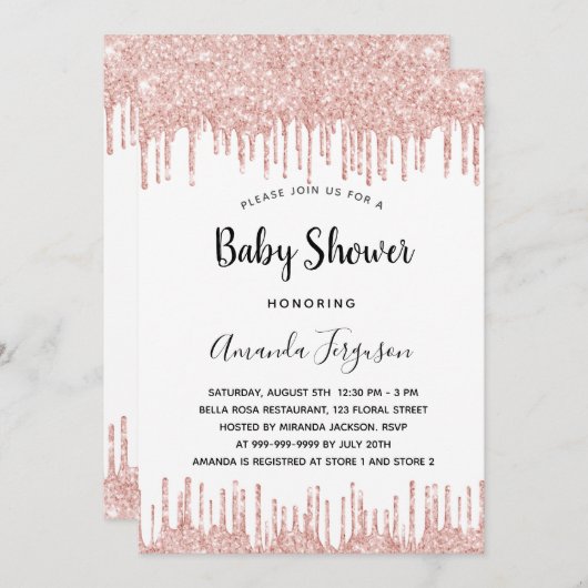 Baby Dusche Rosa Glitzer Tropfen Mädchen Einladung (Vorne/Hinten)