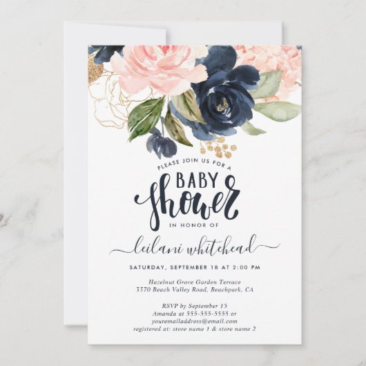 Baby Dusche Rosa Navy Blumencluster Einladung (Vorderseite)