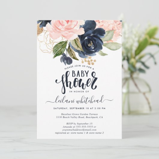 Baby Dusche Rosa Navy Blumencluster Einladung (Stehend Vorderseite)