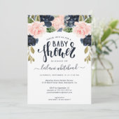 Baby Dusche Rosa Navy Blumenladen Einladung (Stehend Vorderseite)