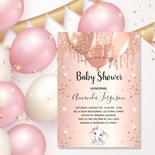 Baby Dusche Rose Gold Glitzer Elefantenballons Einladung