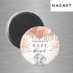 Baby Dusche Rose Gold Glitzer Elefantenballons Magnet<br><div class="desc">Für eine Babydusche,  Feiern eines kleinen Mädchens. Ein weißer Hintergrund. Dekoriert mit Rose Gold,  rosa Imitat Glitzer Tropfen,  Farbe Tropfen Aussehen,  Glitzer Tropfen,  Ballons und ein niedliches kleines Elefantenmädchen. Personalisieren und den Namen der Mutter hinzufügen. Perfekt als Gastgeschenk!</div>