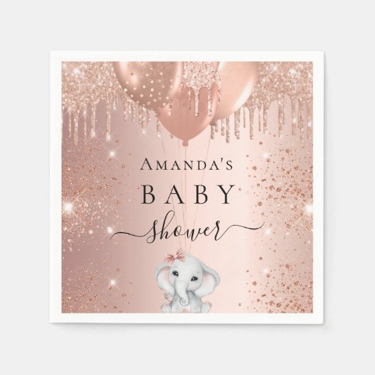 Baby Dusche Rose Gold Glitzer Elefantenballons Serviette (Vorderseite)