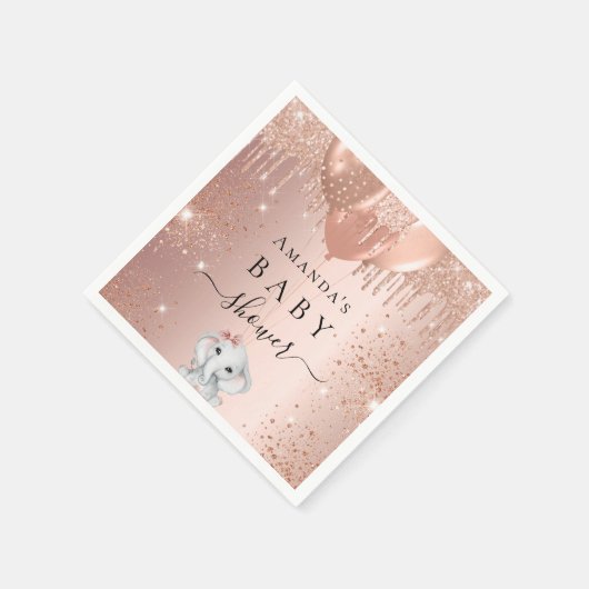 Baby Dusche Rose Gold Glitzer Elefantenballons Serviette (Ecke)