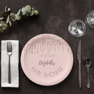 Baby Dusche Rose Gold Glitzer Tropfen Name Pappteller