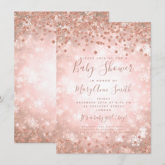 Baby Dusche Rose Gold Glitzer Winter Wonderland Einladung (Vorne/Hinten)