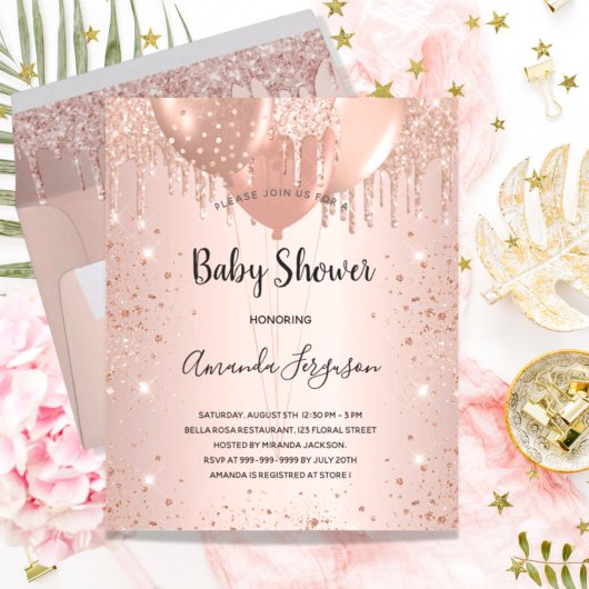 Baby Dusche Rose Goldballons Einladung