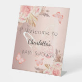 Baby Dusche Rose Goldblütenschmetterling Empfang Sockelschild (Vorderseite)