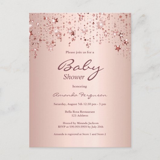 Baby Dusche Rose Goldtropfen Sterne Einladung Postkarte (Vorderseite)
