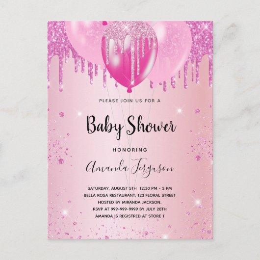 Baby Dusche rot Rosa Glitzer Staubballons Mädchen Einladungspostkarte (Vorderseite)