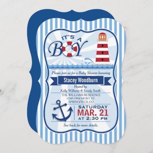 Baby Dusche, rot, weiß, blaue Leuchtturm Einladung (Vorne/Hinten)