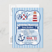 Baby Dusche, rot, weiß, blaue Leuchtturm Einladungspostkarte (Vorne/Hinten)