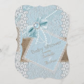 Baby Dusche Rustic Blue Bow Pearl Lace Burlap Einladung (Vorne/Hinten)