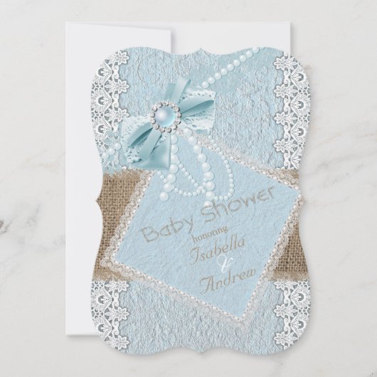 Baby Dusche Rustic Blue Bow Pearl Lace Burlap Einladung (Vorderseite)