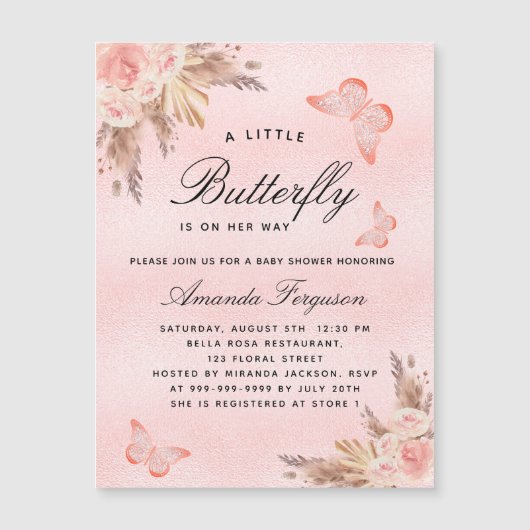 Baby Dusche Schmetterling Mädchen pink pampas Luxu Magneteinladung (Vorderseite)
