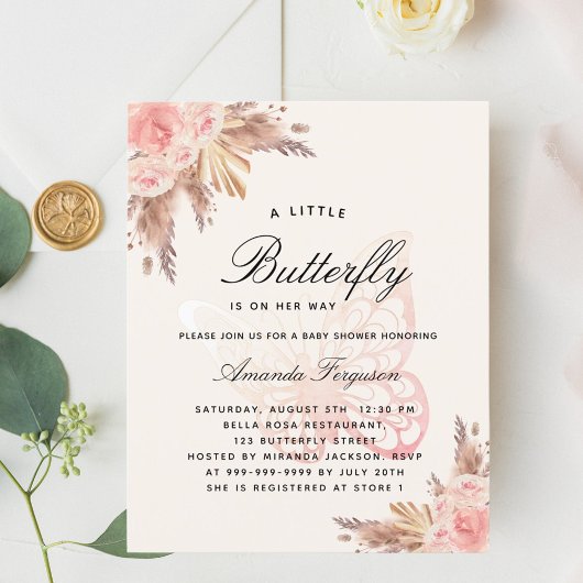 Baby Dusche Schmetterling rosa Beige Pampas Einlad