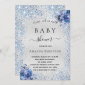 Baby Dusche Silber Glitzer Blumenjungen Einladung (Vorne/Hinten)