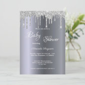 Baby Dusche silber metallischer Glitzer Tropfen Ju Einladung (Stehend Vorderseite)