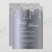Baby Dusche silber metallischer Glitzer Tropfen Ju Einladung (Vorne/Hinten)
