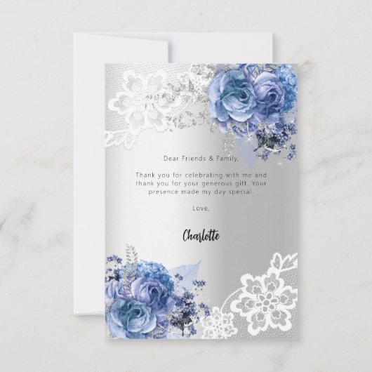 Baby Dusche silberblau Blumenspitze Dankeschön Kar Dankeskarte (Rückseite)