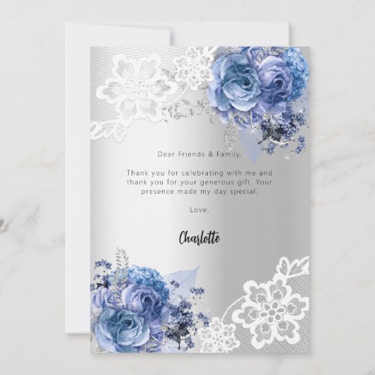Baby Dusche silberblau Blumenspitze Dankeschön Kar Einladung (Rückseite)