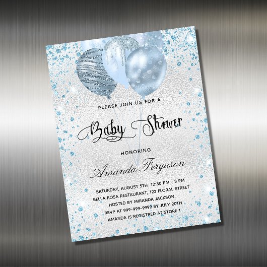 Baby Dusche silberblaue Ballons Einladungsmagnet Magnetkarte