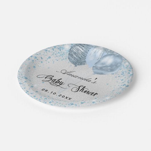 Baby Dusche Silberblauer Glitzer Ballons Pappteller (Schrägansicht)