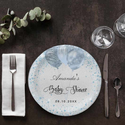 Baby Dusche Silberblauer Glitzer Ballons Pappteller