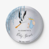 Baby Dusche Silberblauer Storchjunge Pappteller (Vorderseite)