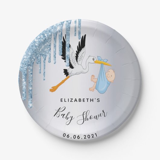 Baby Dusche Silberblauer Storchjunge Pappteller (Vorderseite)