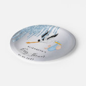 Baby Dusche Silberblauer Storchjunge Pappteller (Schrägansicht)