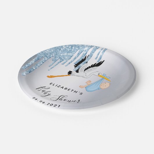 Baby Dusche Silberblauer Storchjunge Pappteller (Schrägansicht)