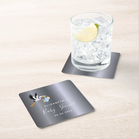 Baby Dusche Silberblauer Storchjunge Rechteckiger Pappuntersetzer (Vor Ort)