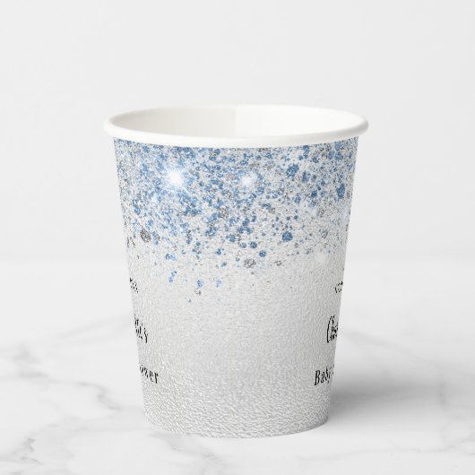 Baby Dusche Silberjunge Glitzer Blau Monogramm Pappbecher (Links)