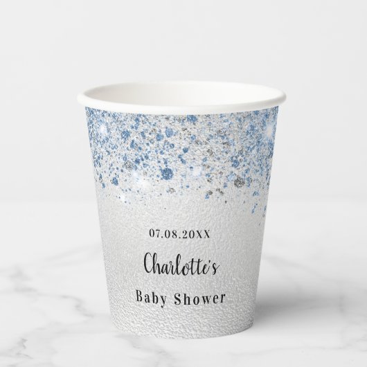 Baby Dusche Silberjunge Glitzer Blau Monogramm Pappbecher (Vorderseite)